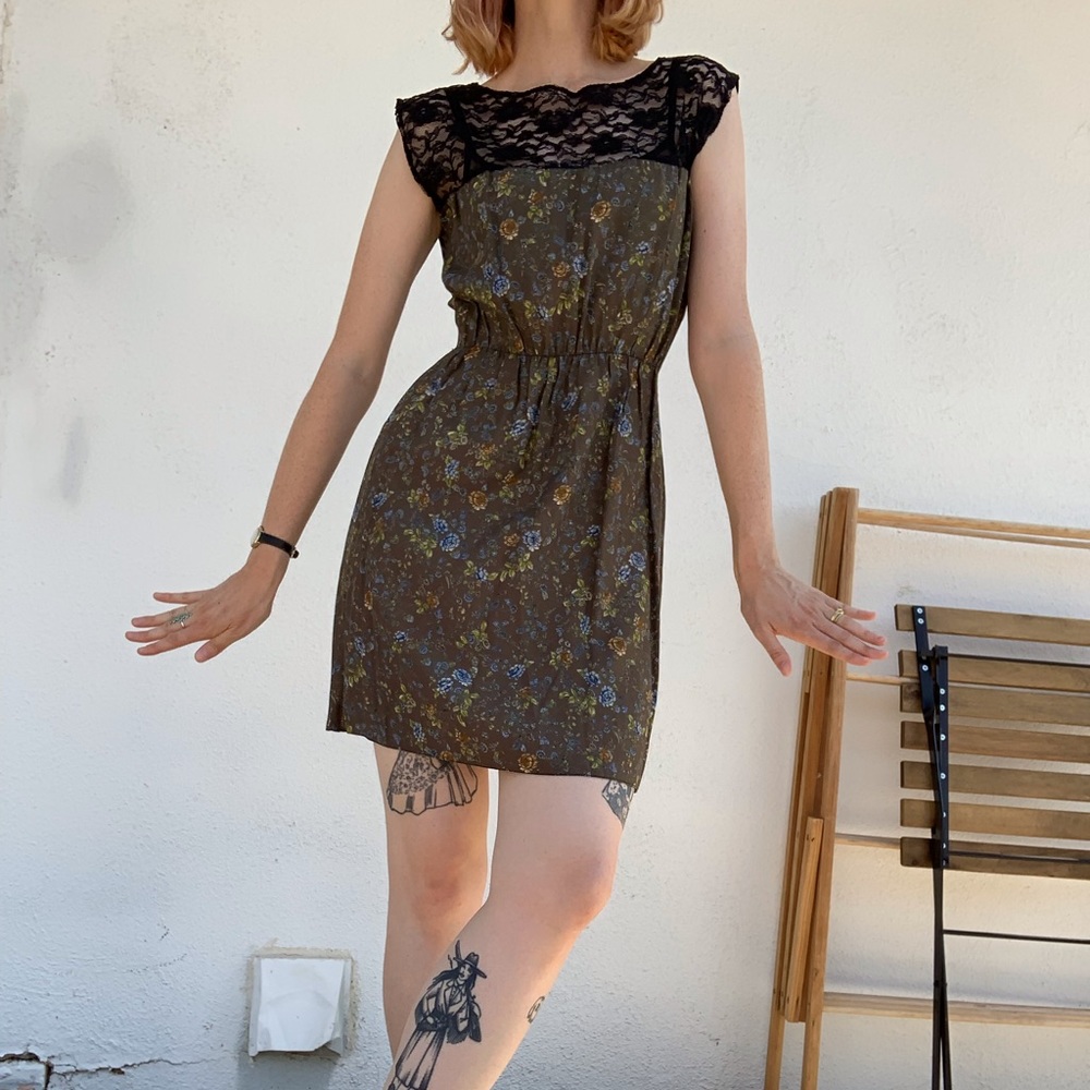 UO Lace-top silky floral mini dress